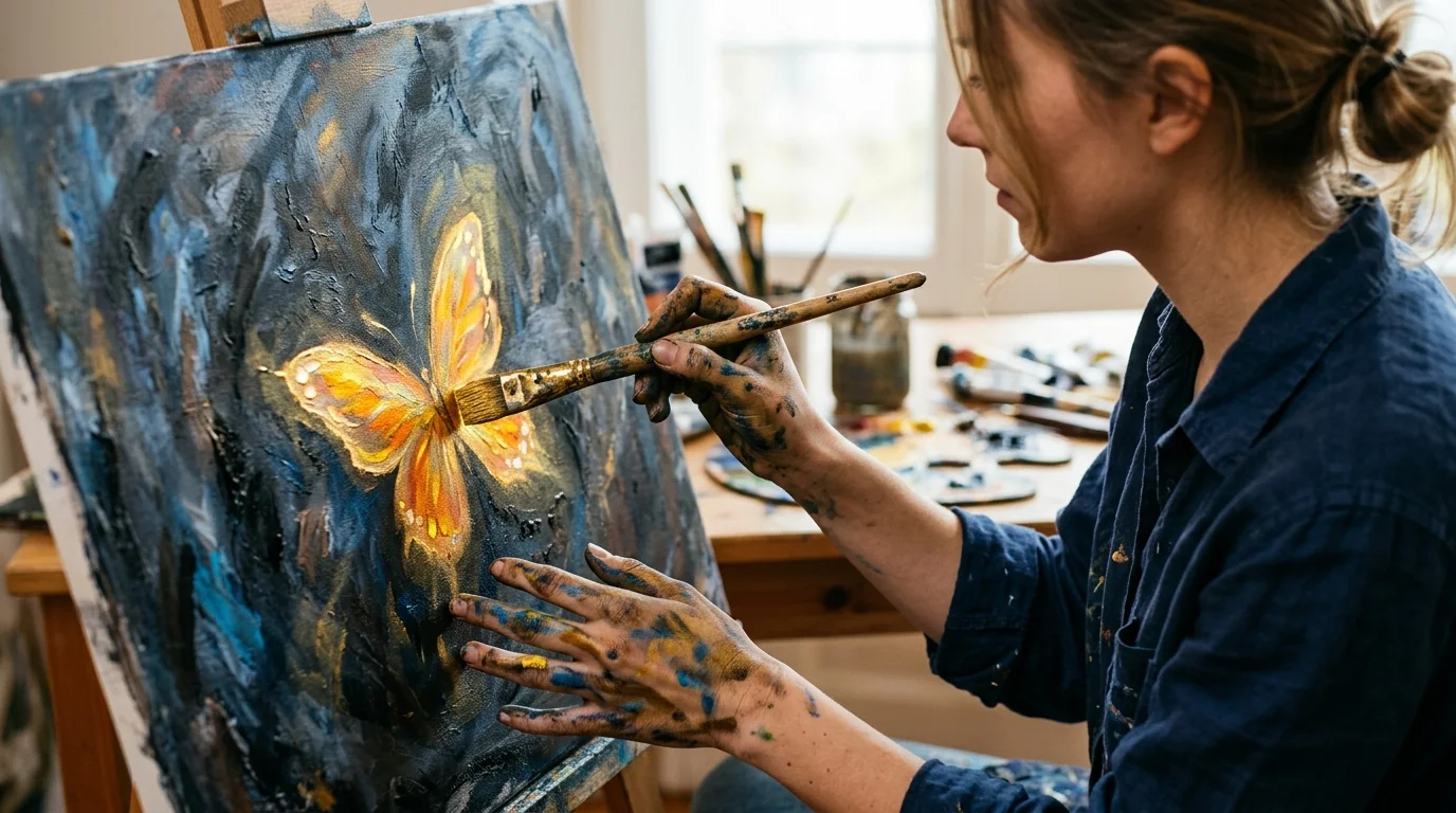 Hands painting bright golden butterfly emerging from darkness on canvas
