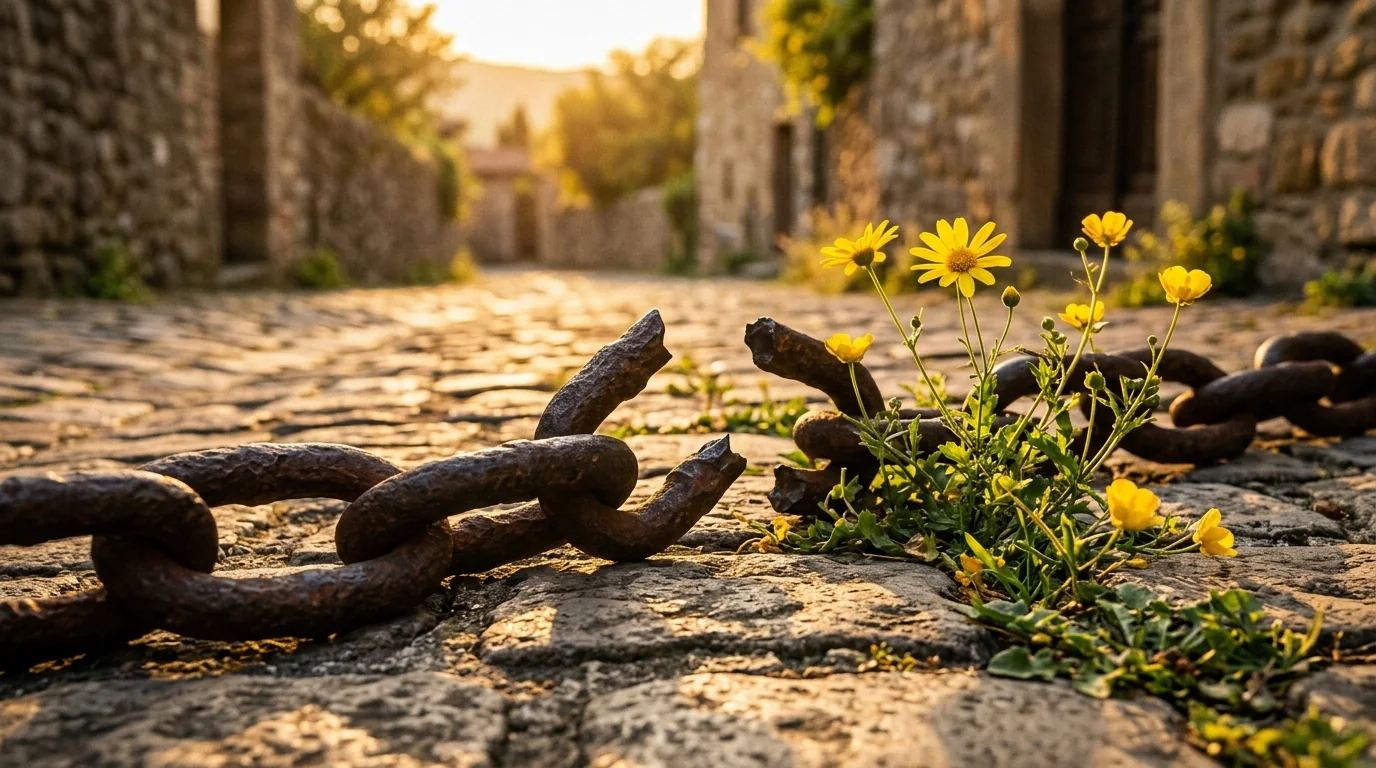 Heavy rusted iron chains snapped open on cobblestones with yellow flowers