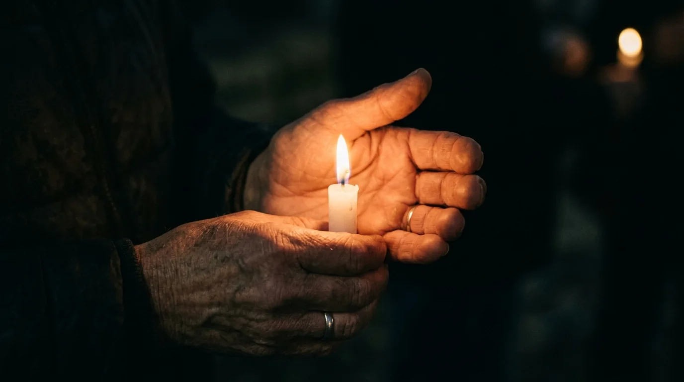 Hands cupping a burning candle flame in darkness as a symbol of hope