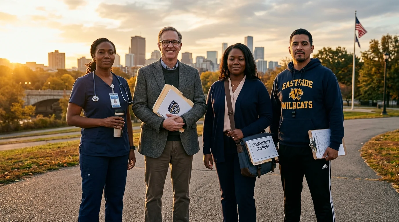 Diverse coalition of nurse, teacher, social worker and coach standing united at sunrise