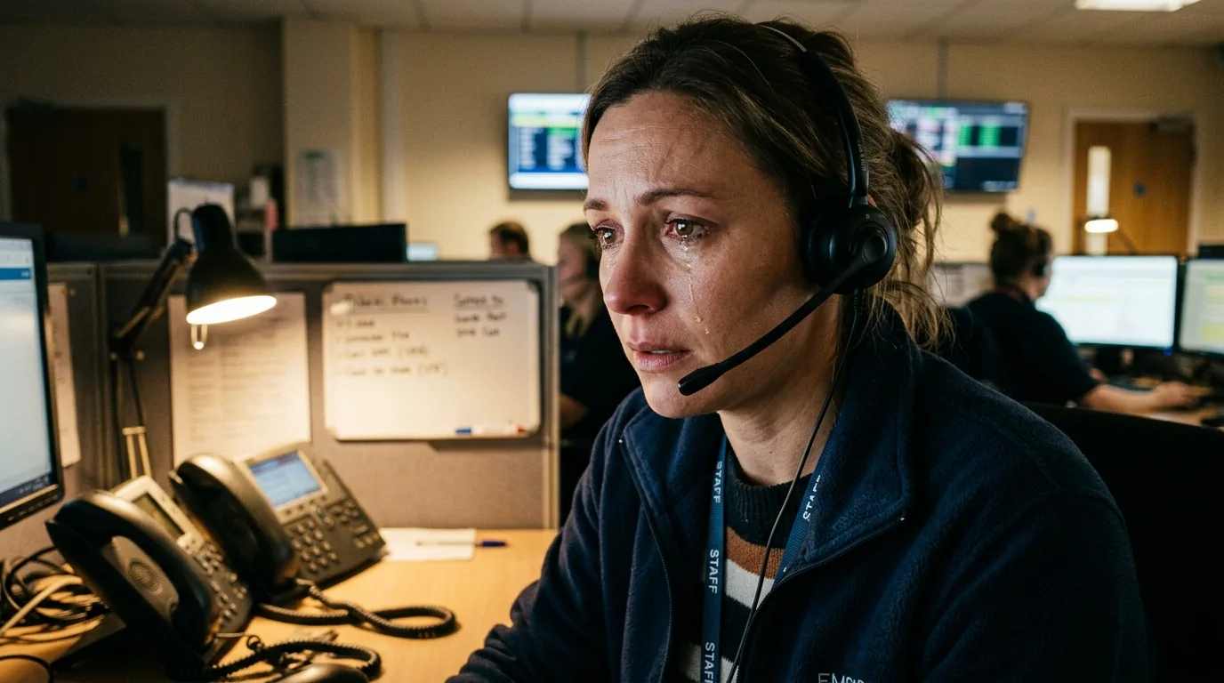 Dedicated crisis hotline counselor wearing headset listening with deep compassion