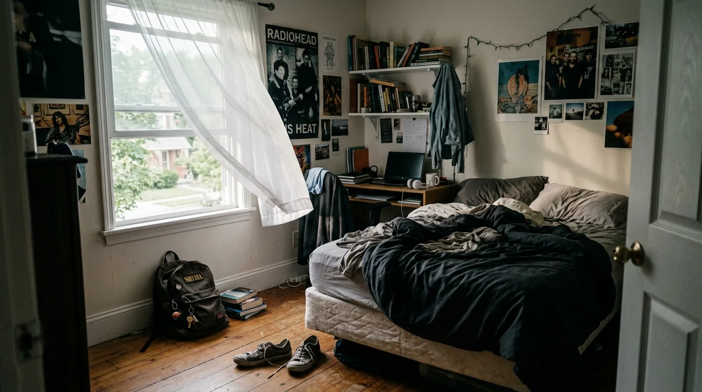 Empty teenager bedroom with open window and backpack left behind