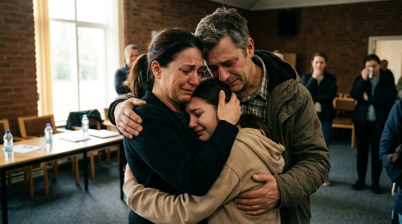 Tearful mother and father crying with relief embracing their rescued daughter