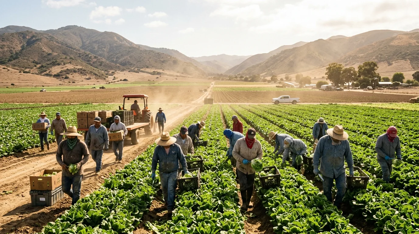 Agricultural farm workers laboring under scorching sun in California field