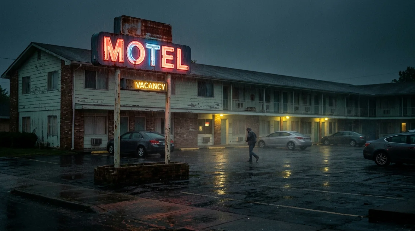 Desolate roadside highway motel at night with neon vacancy sign in rain