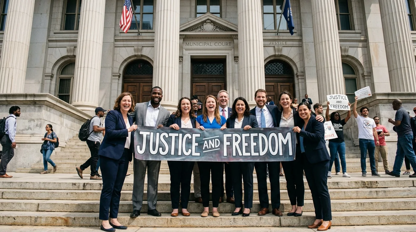 Survivor advocates on courthouse steps holding banner reading Justice and Freedom
