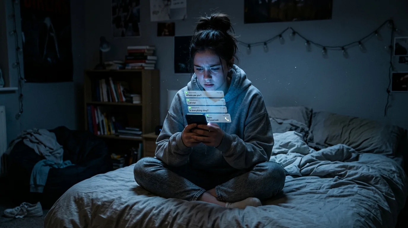 Teenager sitting alone on bed in dark room face lit by glowing smartphone