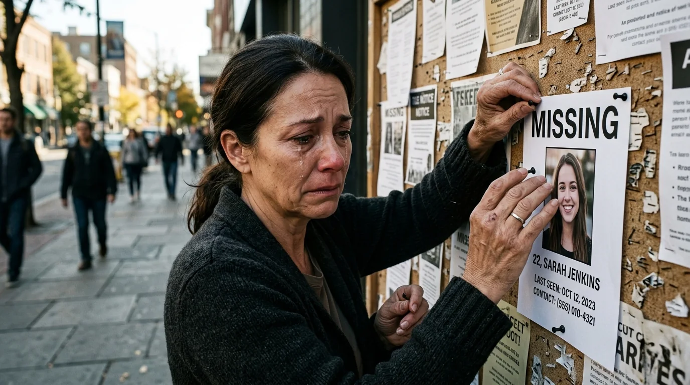 Mother pinning missing flyer of young girl Sarah Jenkins on cork board