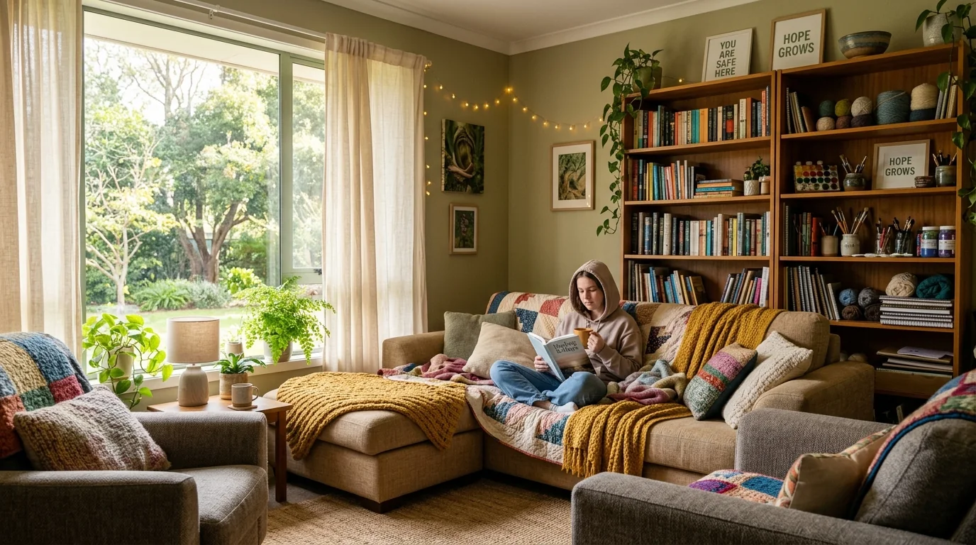 Warm sunlit youth shelter sanctuary with bookshelves and sign reading You Are Safe Here