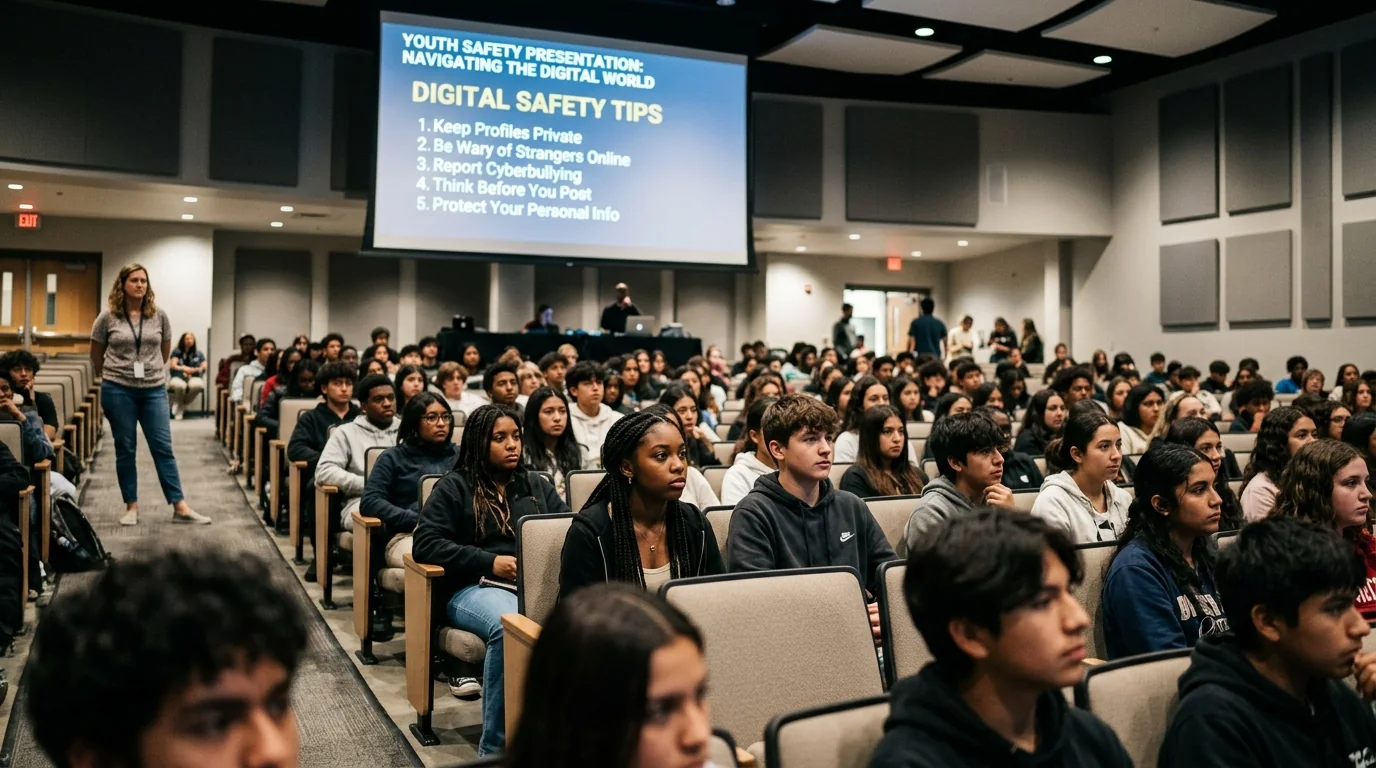High school students in auditorium listening to digital safety presentation
