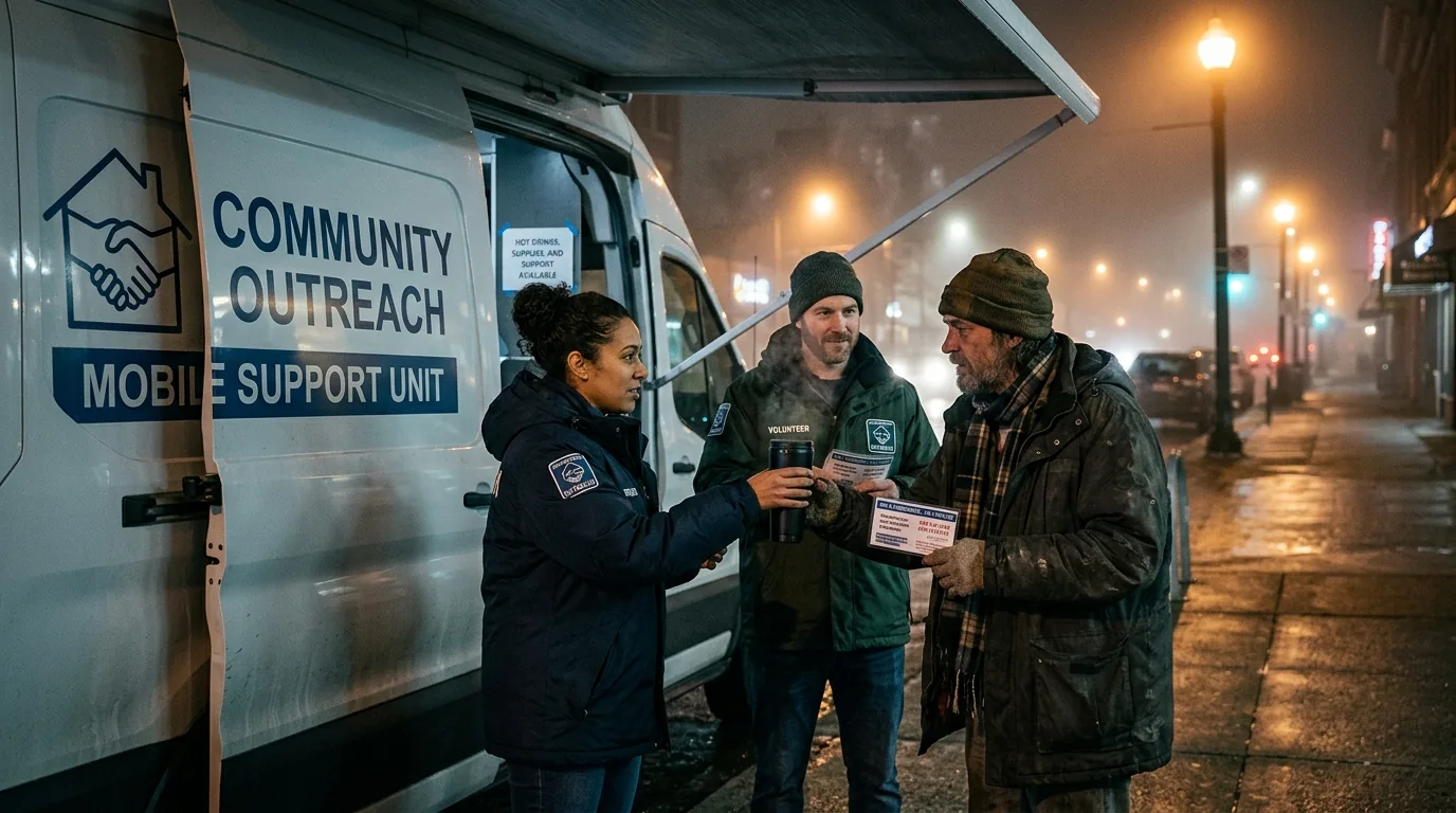 Community outreach mobile support van handing hot drinks and safety card on street