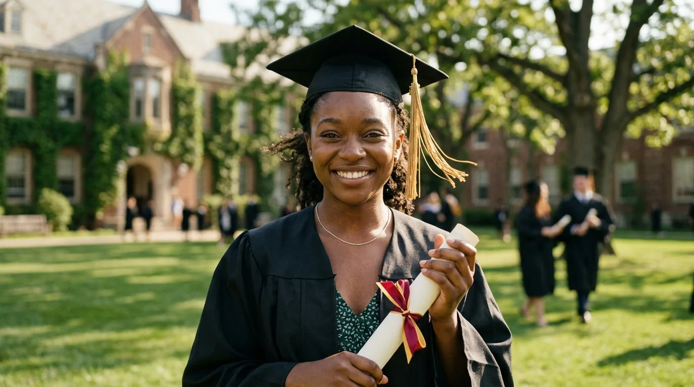 Smiling graduate holding diploma in graduation gown