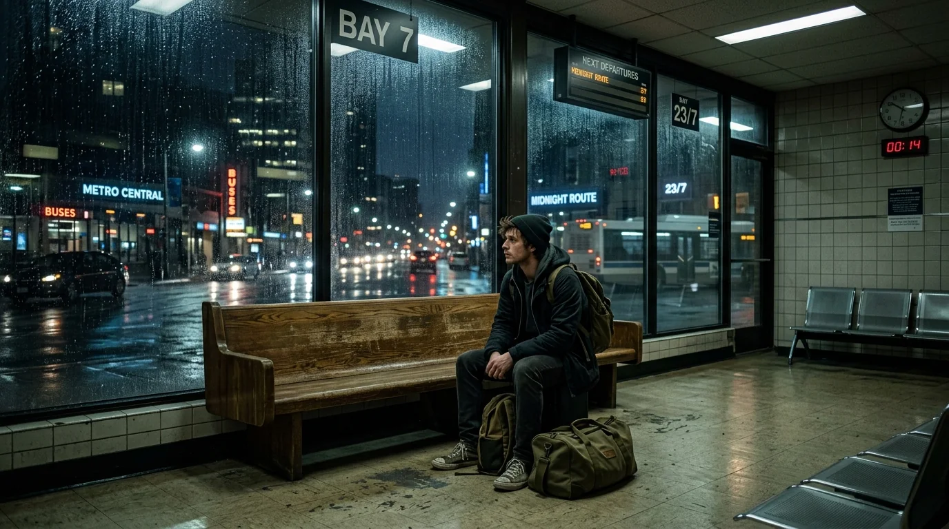 Solitary traveler waiting on bench inside bus terminal at midnight