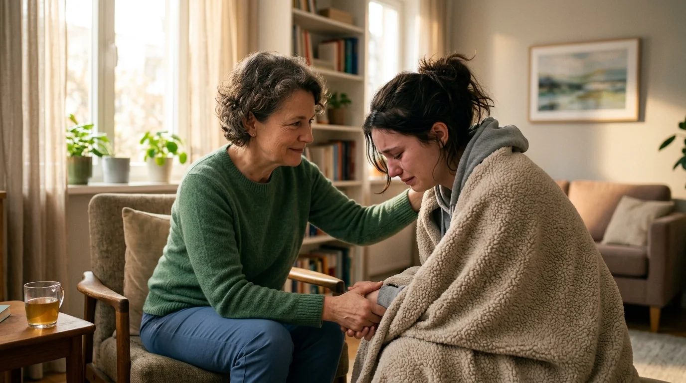 Compassionate female counselor comforting emotional young woman wrapped in blanket