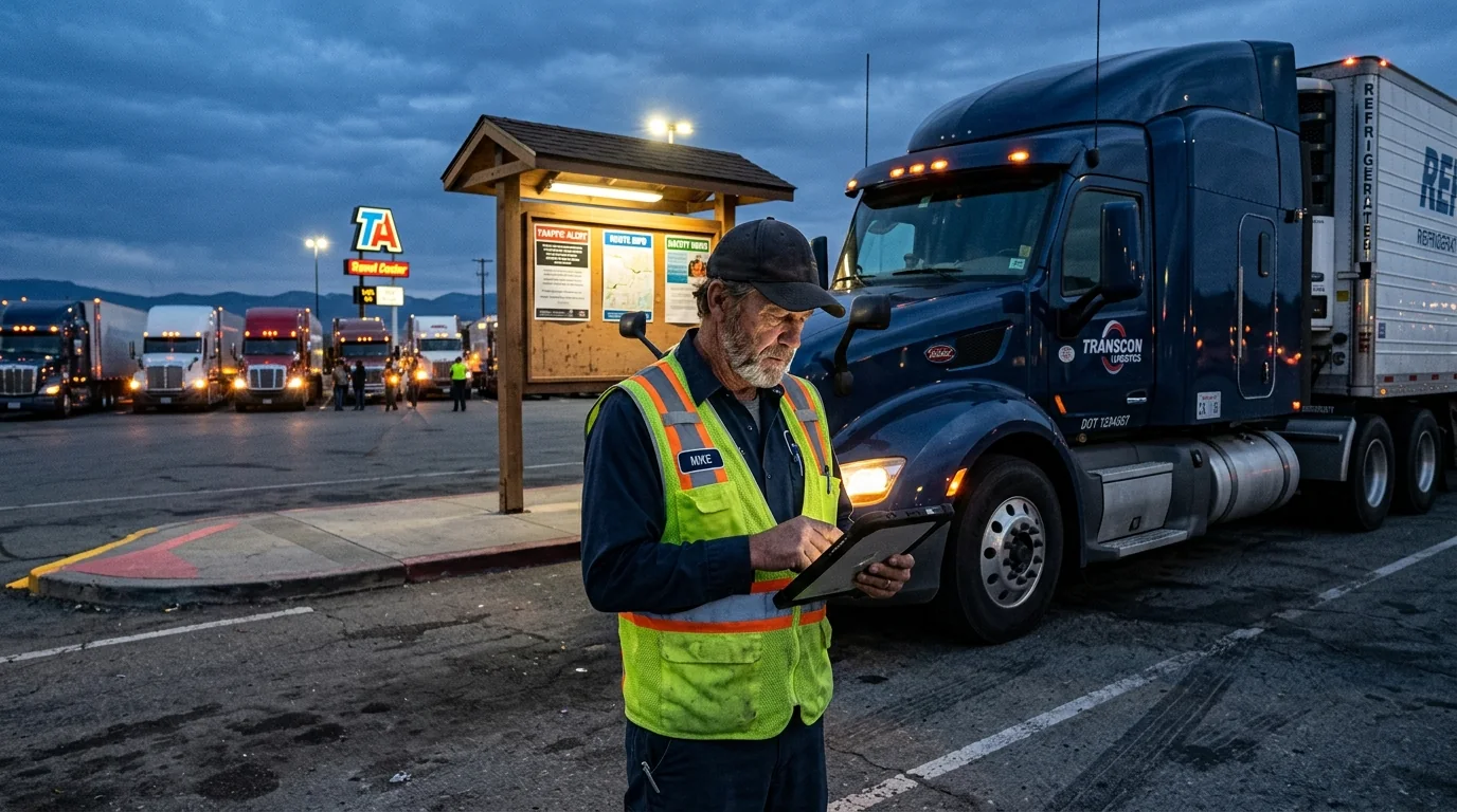 American long haul truck driver standing by rig at truck stop checking tablet