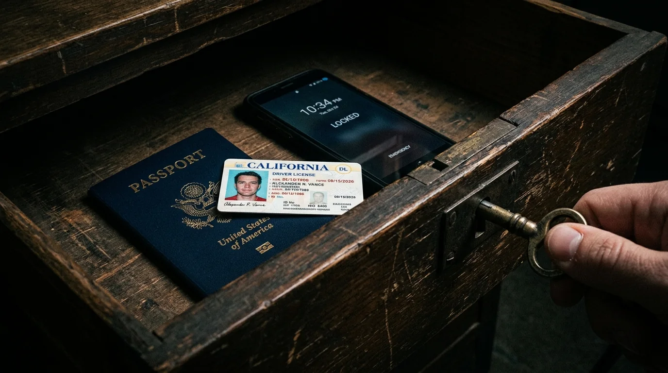 American passport California driver license and locked phone inside wooden drawer